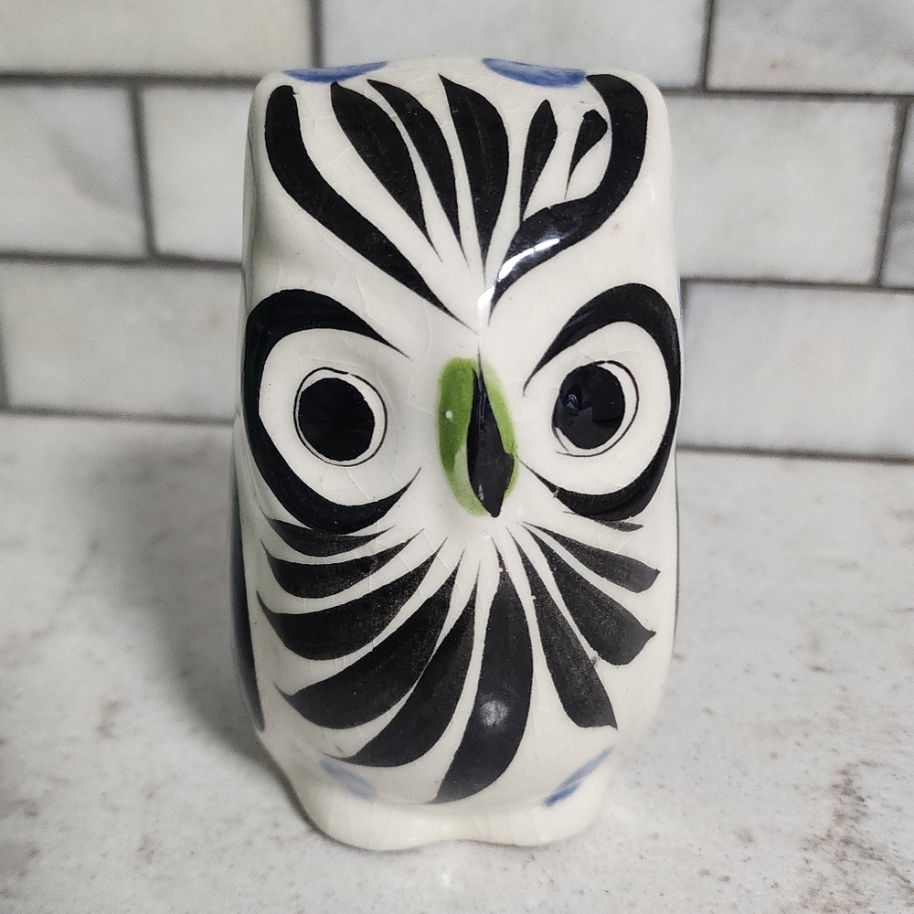 Vintage tonala pottery owl made in Mexico with floral motif